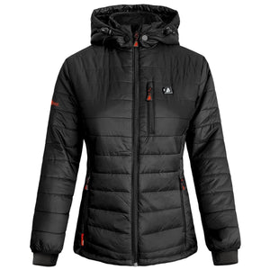 Black hooded heated jacket with front zipper and chest pocket