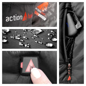 ActionHeat jacket features showing branding, water resistant fabric, battery pack in pocket, and power button