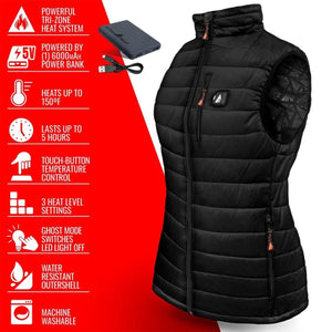 ActionHeat black heated vest with power bank and feature list including tri-zone heat and three temperature settings