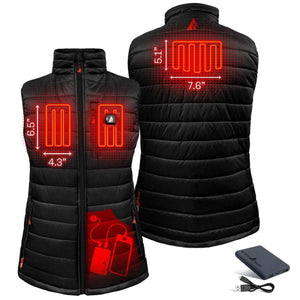ActionHeat black vest showing heating element placement dimensions and battery pack
