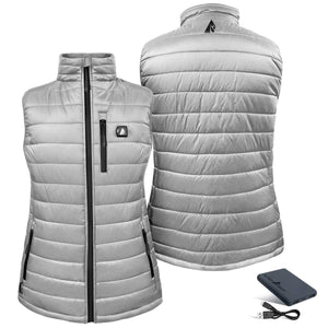 ActionHeat silver quilted heated vest with battery pack and charging cable