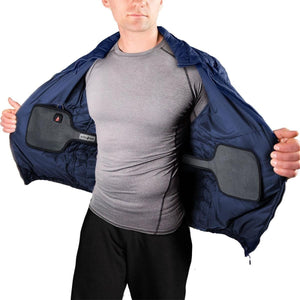 Man wearing an open ActionHeat navy blue jacket showing internal heating panels