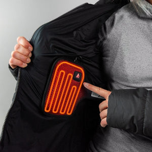 Person pointing to the glowing orange heating element inside an ActionHeat jacket