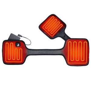 Three connected heating pads with visible internal wiring and a portable battery pack