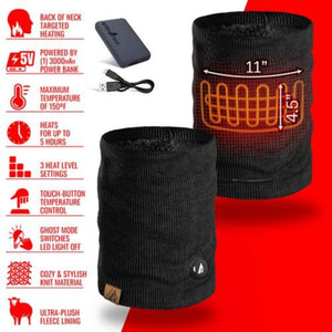 ActionHeat heated neck gaiter with power bank and feature list