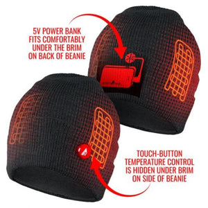 ActionHeat heated beanie showing power bank placement and touch button temperature control
