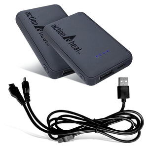 Two ActionHeat power banks and a dual micro USB charging cable