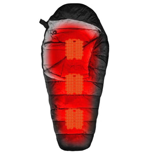 ActionHeat mummy sleeping bag with three internal heating elements highlighted in red