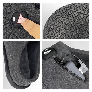 ActionHeat heated slipper details showing power button, rubber sole, interior lining, and battery charging port
