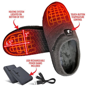 ActionHeat heated slippers showing heating element placement, touch button control, and included USB power banks