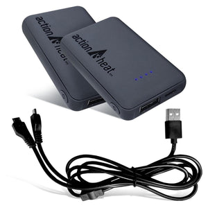Two ActionHeat power banks with a dual micro USB charging cable