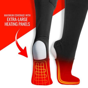 Heated leggings showing extra large heating panels on the feet