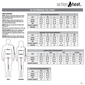 ActionHeat 5V outerwear size chart with measurement instructions for men women unisex and youth