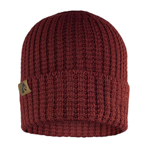 ActionHeat maroon ribbed knit beanie with a small branded patch on the side