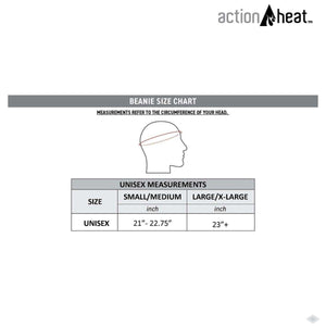 ActionHeat beanie size chart showing head circumference measurements for small medium and large extra large sizes