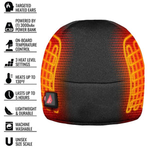 ActionHeat unisex heated beanie with feature list including temperature control and battery specifications