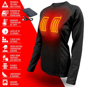 ActionHeat black long sleeve heated base layer shirt with feature list and power bank