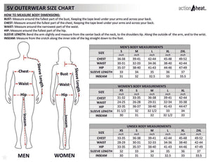 ActionHeat 5V outerwear size chart with body measurement instructions and tables for men women and unisex sizing