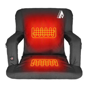 ActionHeat black heated stadium seat with glowing orange heating elements on backrest and seat