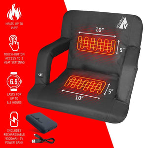 ActionHeat heated stadium seat with heating element dimensions and power bank
