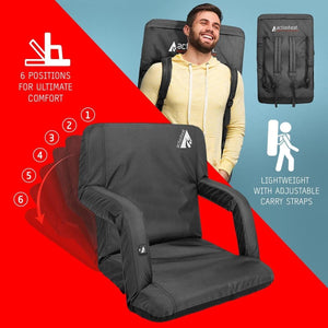 ActionHeat stadium seat showing six adjustable backrest positions and backpack carry straps