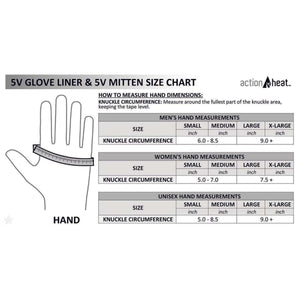 ActionHeat 5V glove liner and mitten size chart showing hand measurement instructions and sizing tables
