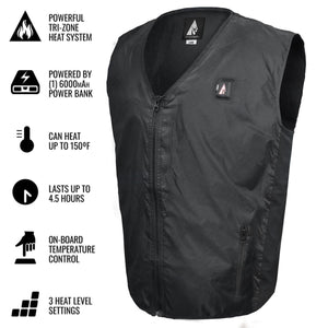 ActionHeat black heated vest with feature icons and text list