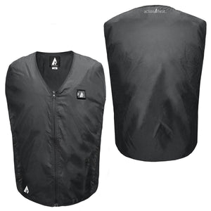 Front and back view of a black ActionHeat heated vest