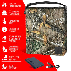 ActionHeat camouflage heated bag with power bank and features list
