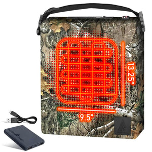 ActionHeat camo heated seat cushion with dimensions and battery pack