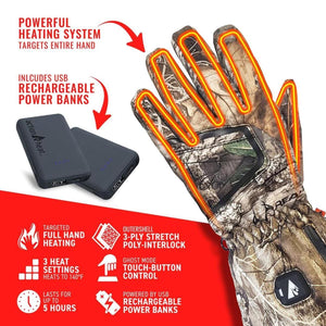 ActionHeat camouflage heated gloves with USB rechargeable power banks and feature list