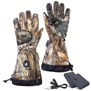 ActionHeat camouflage heated gloves with two battery packs and a charging cable