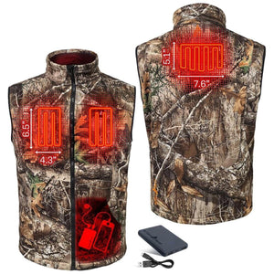 ActionHeat camo heated vest showing heating element dimensions and battery pack