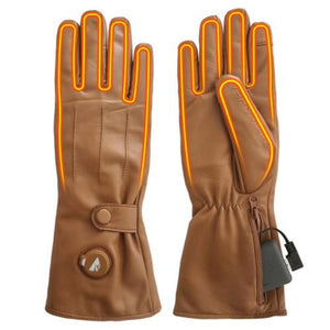 Tan leather heated gloves with visible heating elements and battery pack