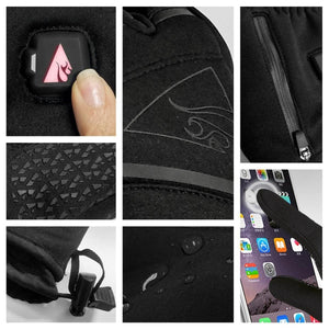 ActionHeat heated glove features including power button, textured grip, zipper pocket, and touchscreen compatibility