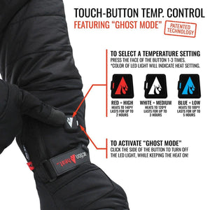 ActionHeat glove touch button temperature control guide showing red white and blue LED heat settings