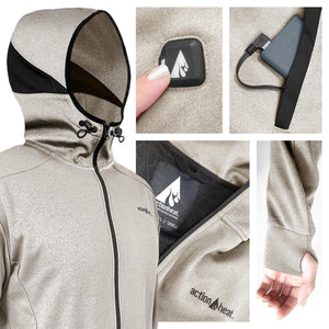ActionHeat beige hooded jacket with battery power button, internal power bank pocket, and thumbhole cuffs