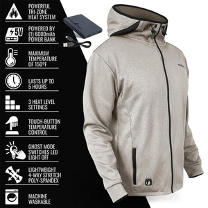 ActionHeat hooded jacket with tri-zone heating system and power bank features listed