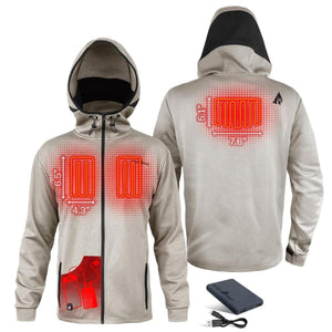 ActionHeat beige hooded jacket showing internal heating elements and battery pack