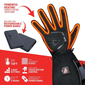 ActionHeat heated gloves with USB power banks and feature list including heat settings and fleece material