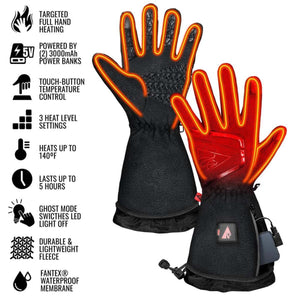 Pair of black heated gloves with feature list including full hand heating and waterproof membrane