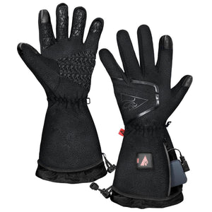Pair of black heated winter gloves with battery compartment and textured palms