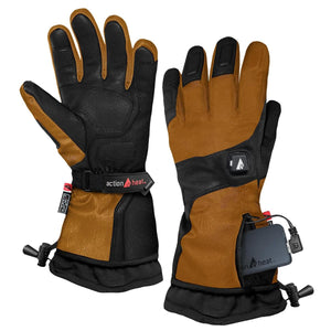 ActionHeat brown and black heated gloves with battery pack in wrist pocket
