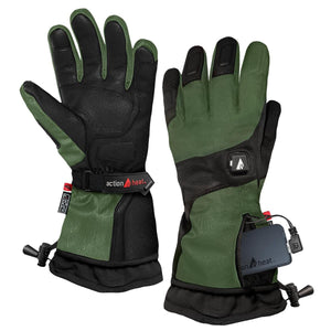ActionHeat green and black heated gloves with battery pack in pocket