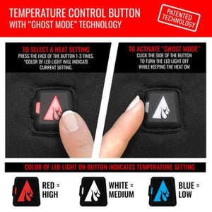 ActionHeat temperature control button instructions showing heat settings and ghost mode activation