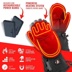 ActionHeat heated mittens with USB power banks and feature highlights including three heat settings and magnetic flip top