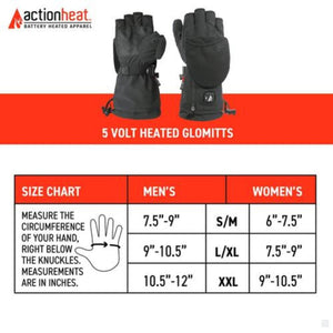 ActionHeat 5 volt heated glomitts size chart with hand measurement instructions