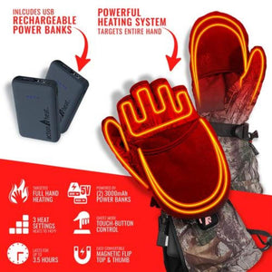 ActionHeat heated mittens with USB power banks and feature icons