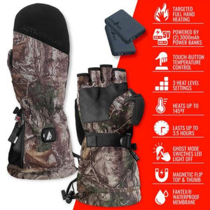 ActionHeat camouflage heated mittens with battery packs and feature list