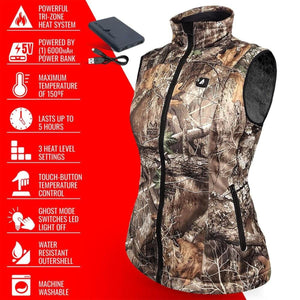 ActionHeat camo heated vest with power bank and feature list including 150 degree max heat and 5 hour battery life